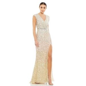 Mac Duggal 5489 NWT CAP SLEEVE SEQUINED HIGH SLIT GOWN